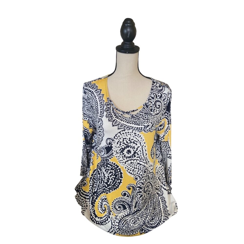 Ruby Rd Womens Top Small Paisley Yellow Navy 3/4 Sleeve Stretch Retro Preppy